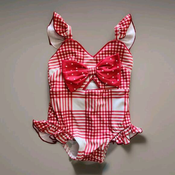 SWEET‎ HONEY Classic Plaid Bow RED Swimsuit Infant 6mos - Picture 1 of 3